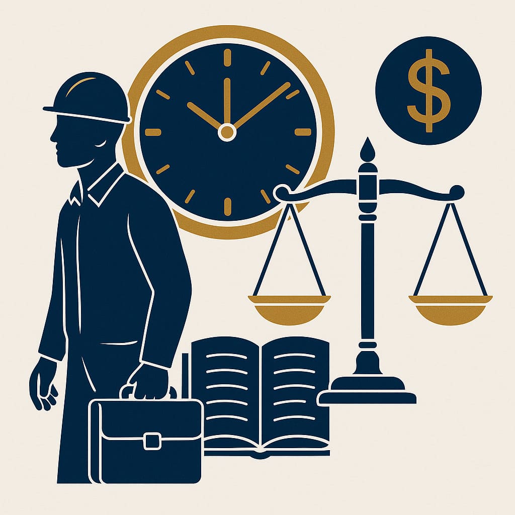 Ilustração sobre empresa não paga horas extras, representando justiça trabalhista e remuneração adequada