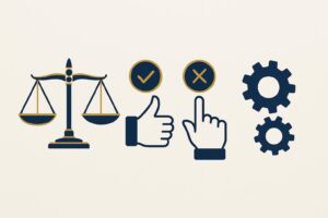 Ilustração profissional com ícones em azul escuro e dourado representando os erros ao contratar um advogado trabalhista, incluindo uma balança da justiça em equilíbrio ou desequilíbrio, ou engrenagens se encaixando/desencaixando.