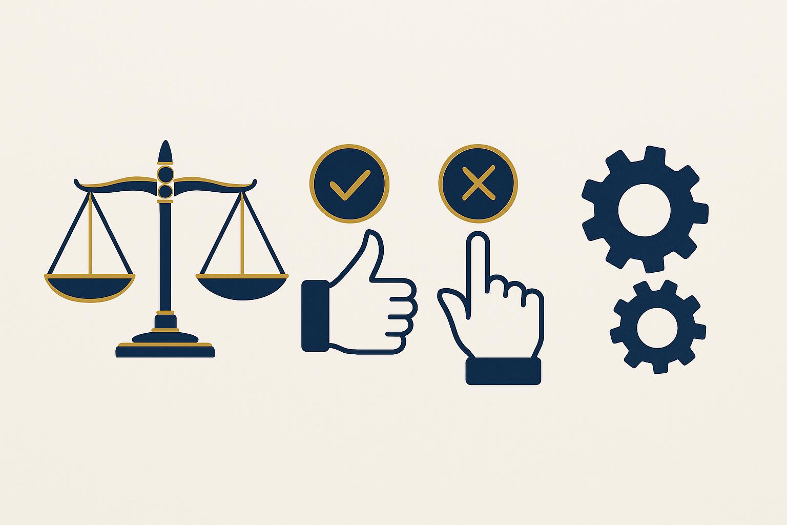 Ilustração profissional com ícones em azul escuro e dourado representando os erros ao contratar um advogado trabalhista, incluindo uma balança da justiça em equilíbrio ou desequilíbrio, ou engrenagens se encaixando/desencaixando.