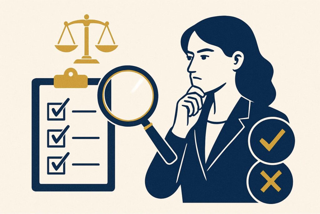 Ilustração profissional em azul escuro e dourado com ícones representando uma lista de verificação, uma lupa para escrutínio, e símbolos de certo e errado, simbolizando como saber se está fazendo a escolha certa ao contratar um advogado trabalhista.