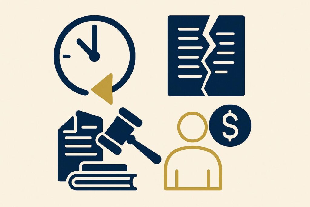 Ilustração profissional em azul escuro e dourado com ícones representando situações de perda e problemas jurídicos, como um relógio indicando tempo esgotado e um documento rasgado, simbolizando exemplos reais de problemas por erros ao contratar um advogado trabalhista.