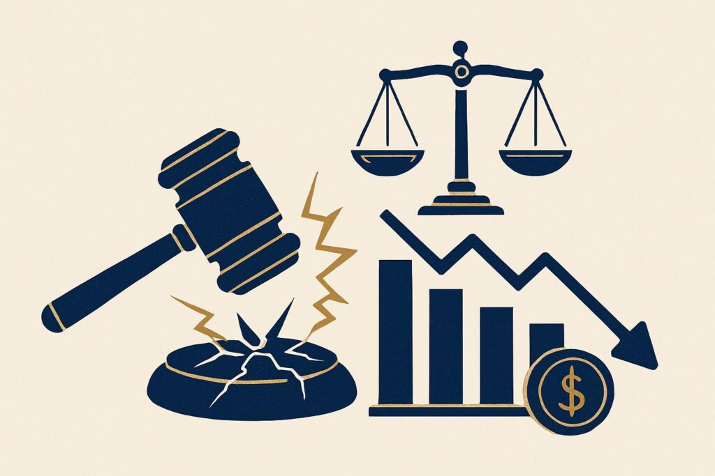 Ilustração profissional em azul escuro e dourado com ícones representando consequências negativas e perdas financeiras, como um martelo de juiz quebrando algo e um gráfico em queda, simbolizando os impactos legais dos erros ao contratar um advogado trabalhista.