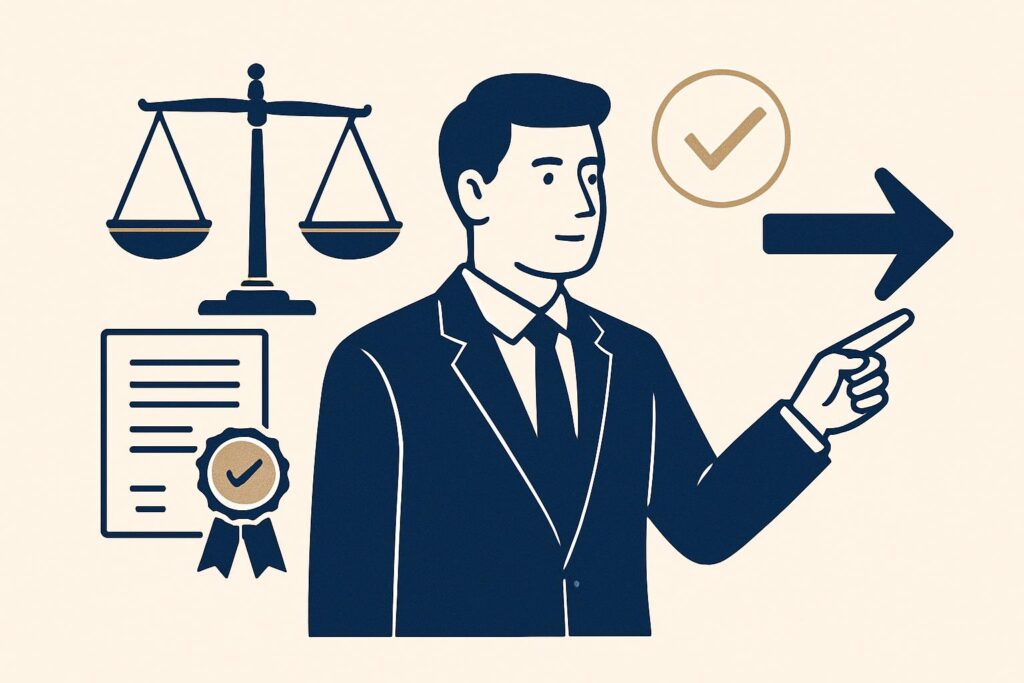 Ilustração profissional em azul escuro e dourado com ícones representando a escolha certa, como uma balança em equilíbrio, um certificado de qualidade e uma pessoa apontando para a direção correta, simbolizando como escolher o melhor advogado trabalhista.
