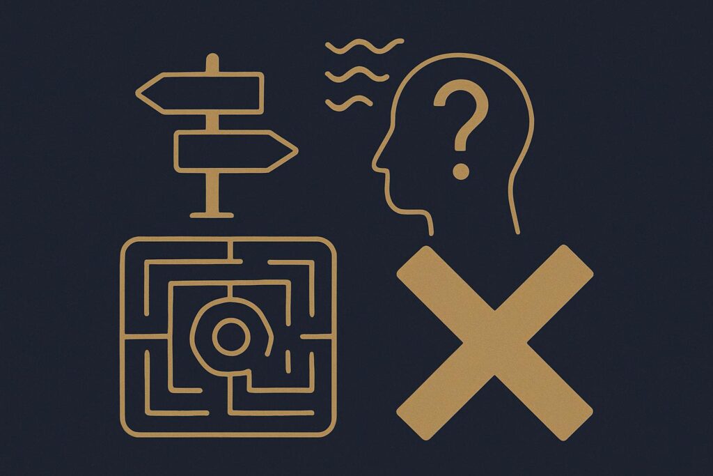 Ilustração abstrata em azul escuro e dourado representando confusão e decisões erradas ao contratar um advogado trabalhista, com um labirinto e um ponto de interrogação.