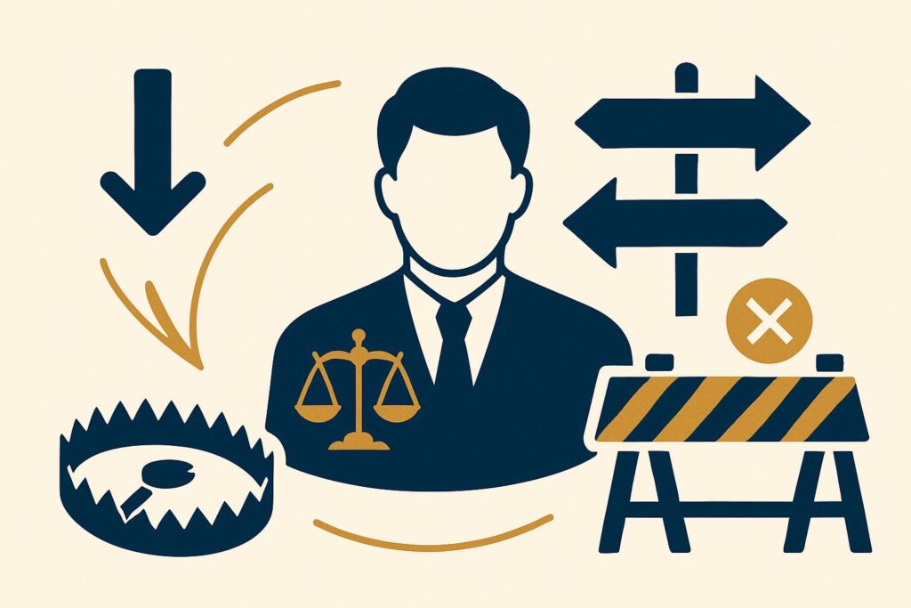 Ilustração profissional em azul escuro e dourado com ícones representando armadilhas e obstáculos, como setas apontando para direções incorretas e um caminho bloqueado, simbolizando os principais erros ao contratar um advogado trabalhista.