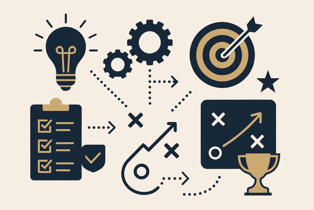 Ilustração de estratégias práticas com lâmpada de ideias, engrenagens e alvo representando soluções para reduzir custos com processos trabalhistas