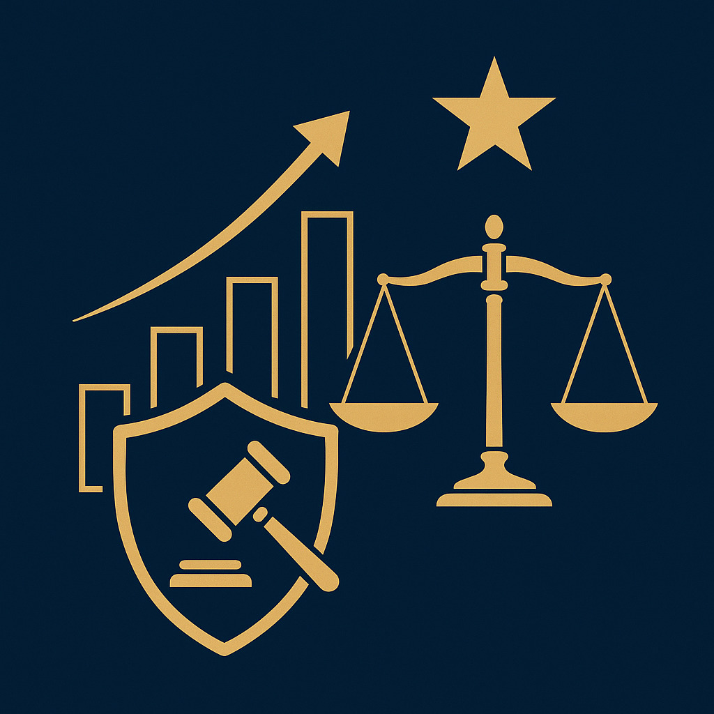 Gráfico ascendente, balança dourada e escudo jurídico simbolizando casos de sucesso na defesa em ação de improbidade administrativa