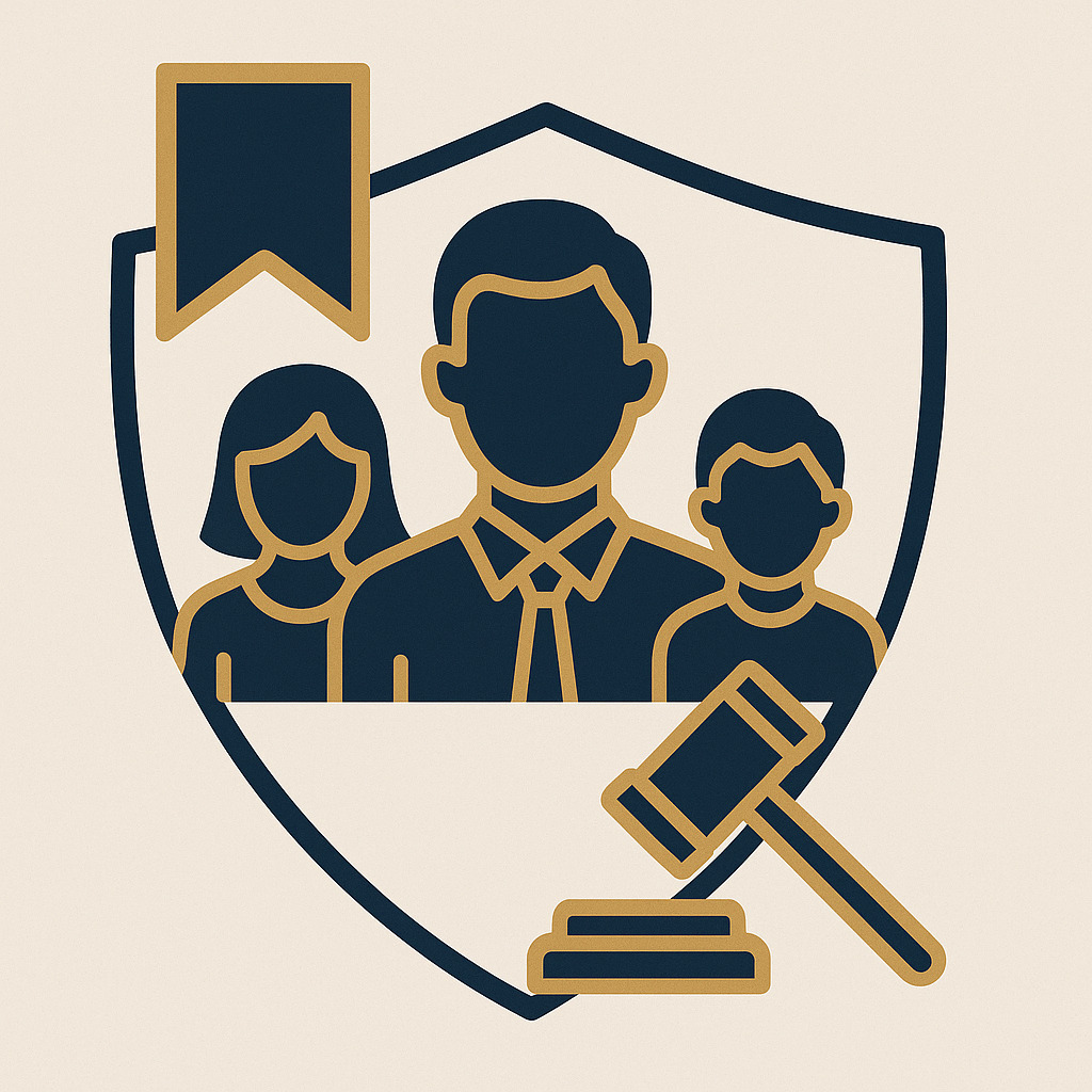 Ícone representando herdeiros protegidos por lei na morte por acidente de trabalho, com escudo e martelo da justiça em azul escuro e dourado