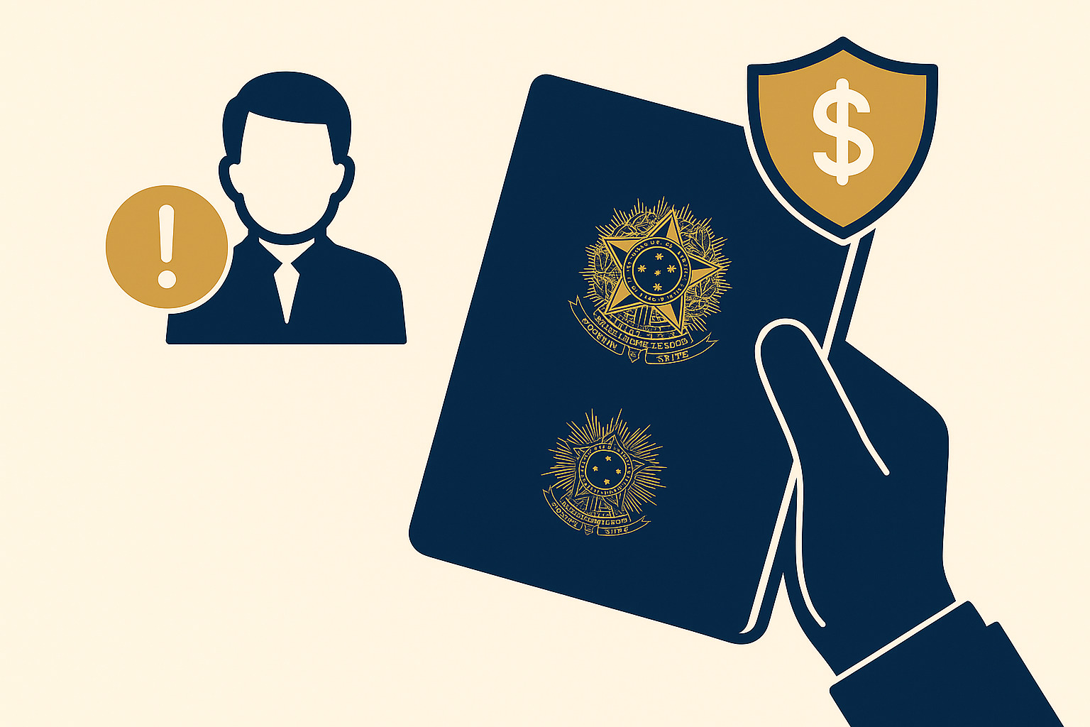 Ilustração representando os riscos legais de manter funcionário sem carteira assinada, com ícones de alerta e proteção financeira