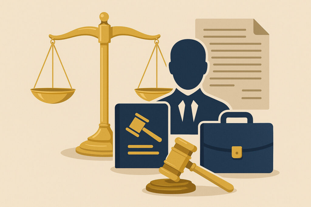 Ilustração vetorial com balança da justiça, profissional jurídico, martelo de juiz, documentos e pasta, representando impactos legais e direitos do trabalhador.