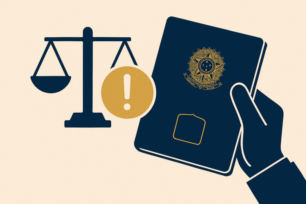 Ilustração com balança da justiça e carteira de trabalho, simbolizando os impactos legais do trabalho informal