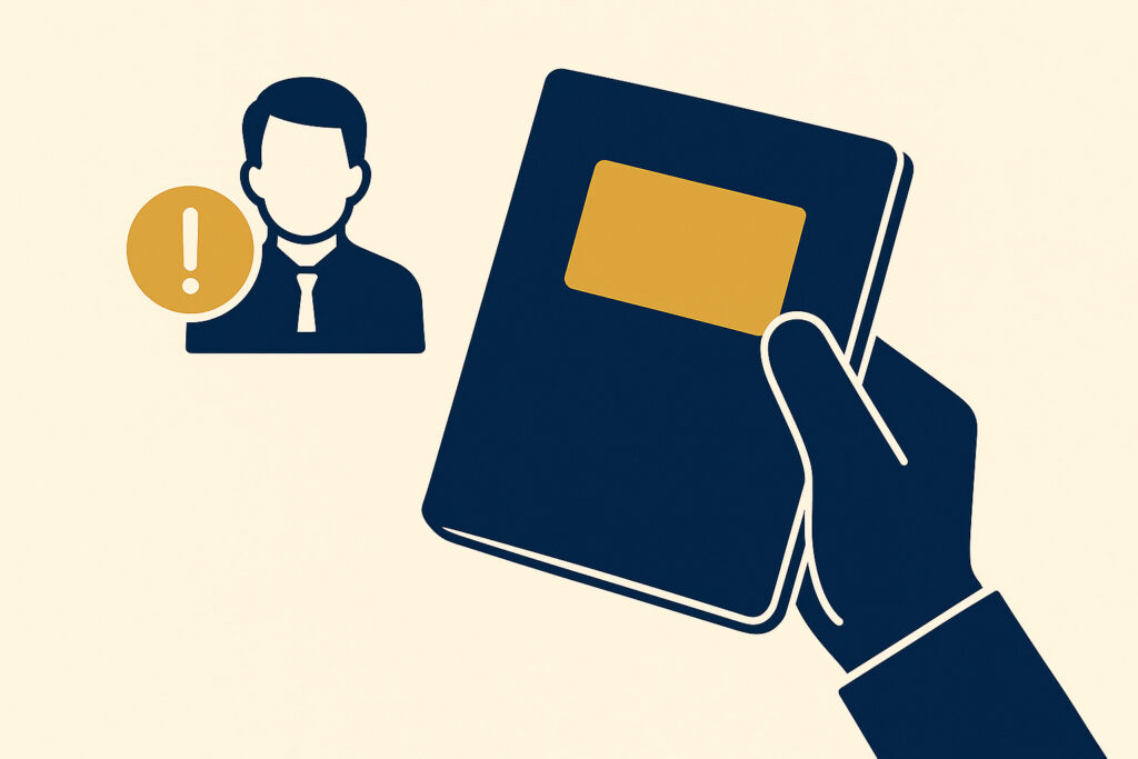 Ilustração de carteira de trabalho em branco com símbolo de alerta, representando informalidade no emprego