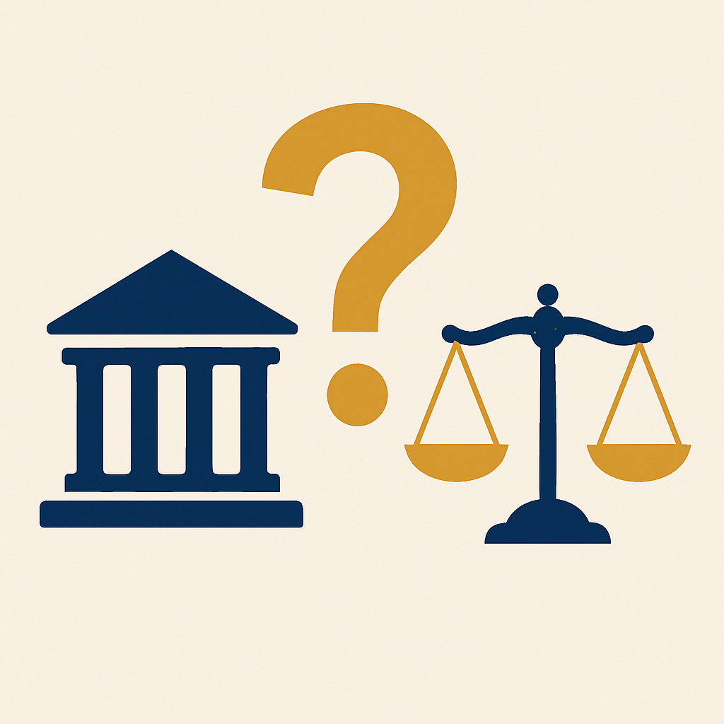 Prédio do tribunal azul-escuro, ponto de interrogação dourado e balança representando dúvidas frequentes sobre ação de improbidade administrativa