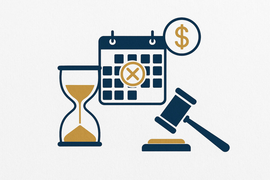 Ilustração representando os prazos legais para cobrar horas extras não pagas, com elementos de tempo, calendário e justiça