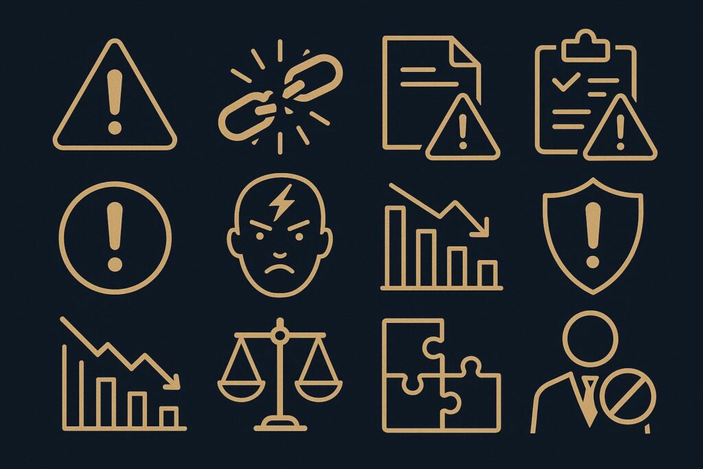 Ícones de alerta e riscos trabalhistas representando as principais causas de processos que empresários devem evitar para reduzir custos