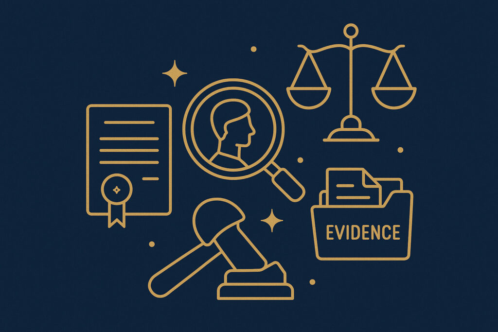 Ilustração com ícones dourados de documentos legais, lupa e balança da justiça, representando provas para herdeiros na morte por acidente de trabalho