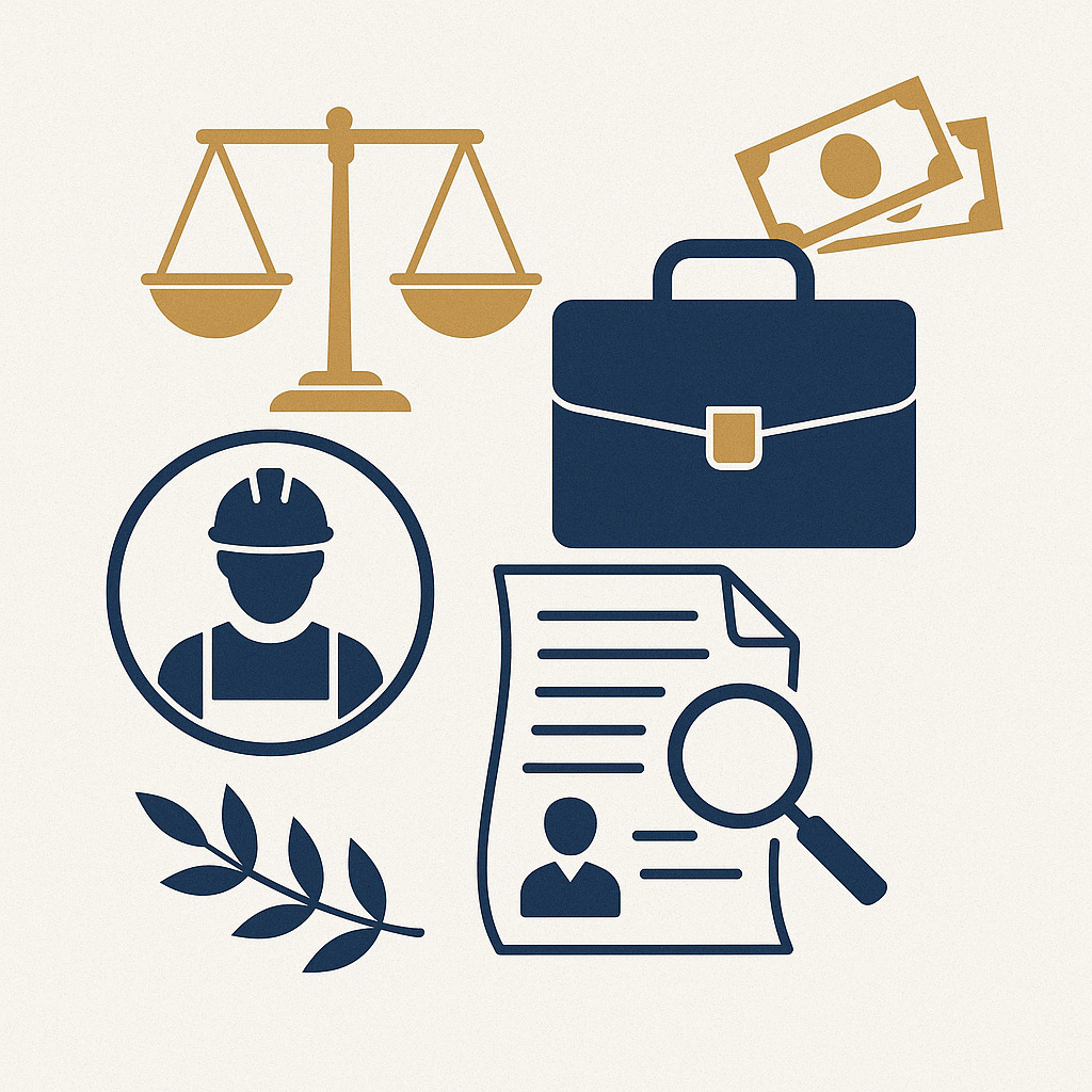 Ilustração vetorial com símbolos do direito do trabalho, incluindo balança dourada da justiça, trabalhador com capacete, pasta profissional e documentos jurídicos