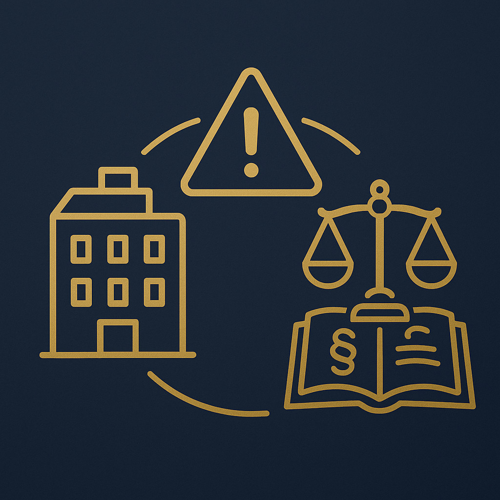  Ilustração de responsabilidade civil da empresa em acidentes de trabalho, com ícones dourados de prédio, alerta e balança da justiça sobre fundo azul escuro