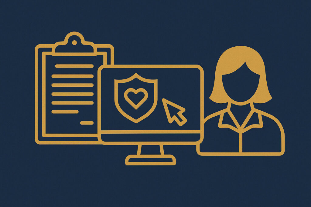 Ícones representando o processo de solicitação de pensão por morte no caso de acidente de trabalho, em estilo profissional azul escuro e dourado