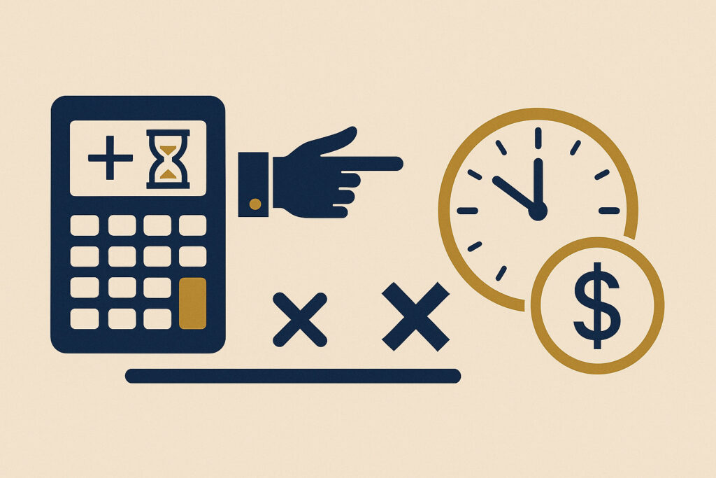 Ilustração minimalista em azul escuro e dourado com calculadora, relógio e cifrão representando o cálculo de horas extras não pagas