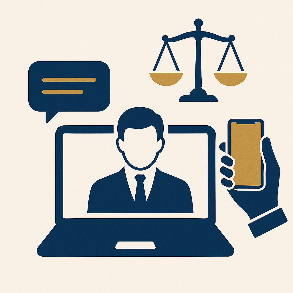 Ilustração representando atendimento jurídico remoto com advogado trabalhista, utilizando videoconferência e ferramentas digitais em Mossoró.