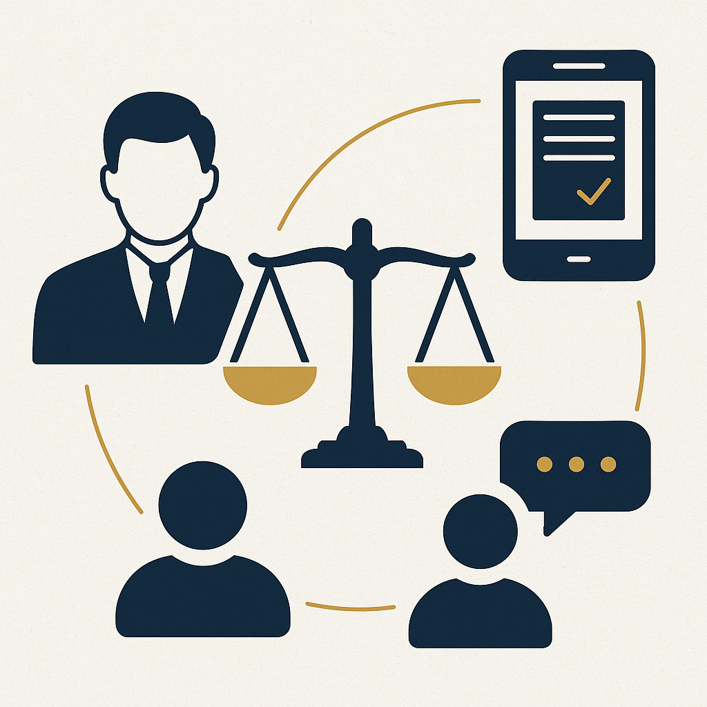 Ilustração minimalista mostrando elementos que representam provas de horas extras não pagas, incluindo balança da justiça, advogado, testemunhas e smartphone com registros digitais.