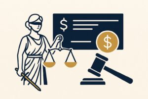 ilustração profissional em azul escuro e dourado representando horas extras e direitos trabalhistas, com balança da justiça e elementos de relógio