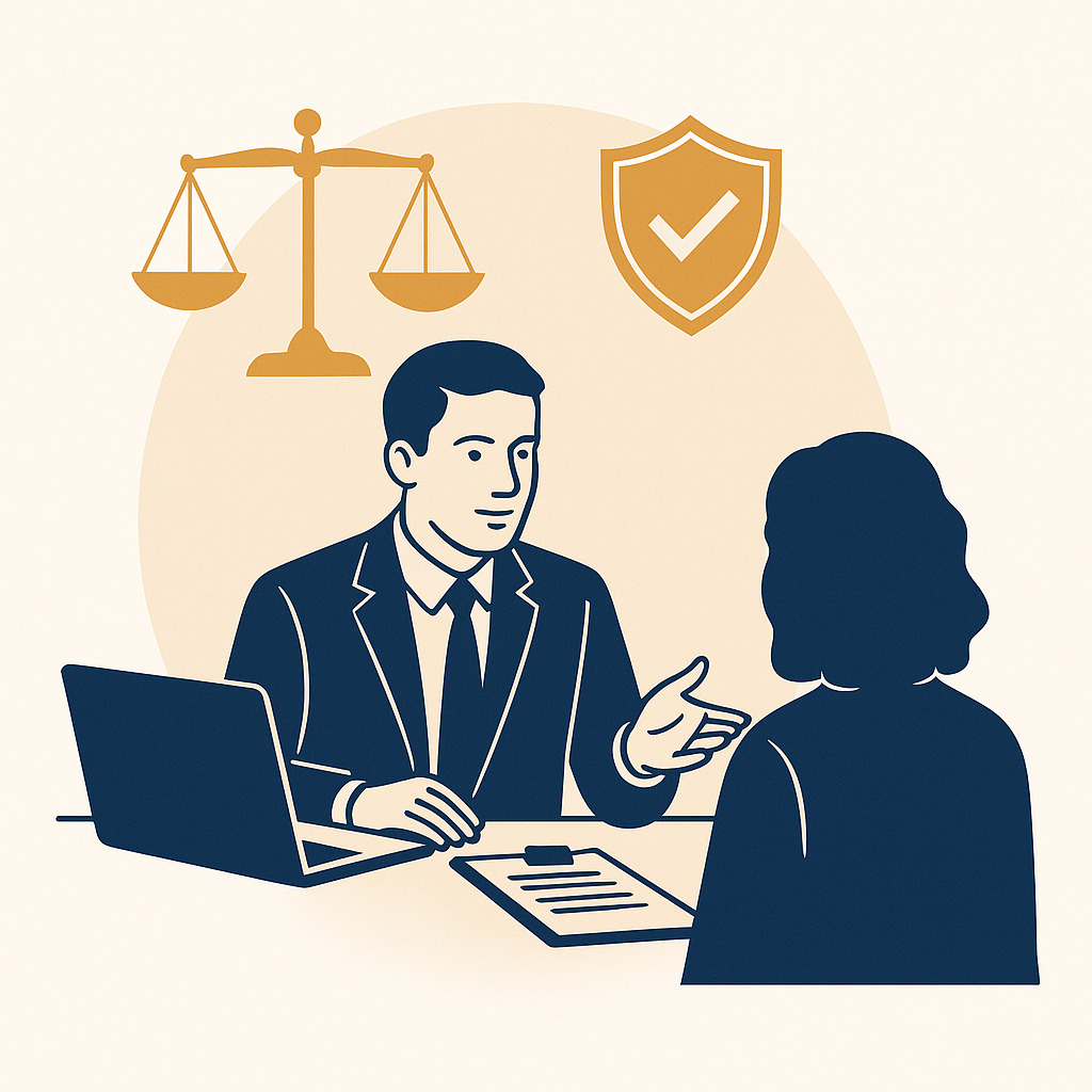 Ilustração de conversa entre advogado trabalhista e cliente em Mossoró, com elementos jurídicos que reforçam a proteção de direitos.