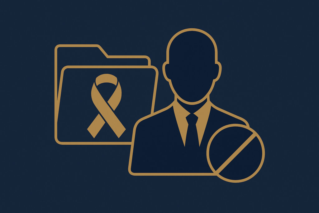 Imagem representando demissão discriminatória de pessoa com HIV no ambiente corporativo, com ícone de pasta e laço dourado
