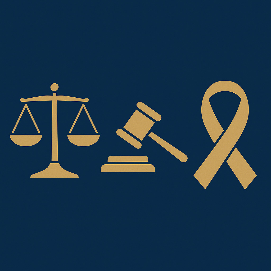 Ilustração representando a Lei 12.984/2014 que criminaliza a discriminação contra pessoas com HIV, com elementos dourados de justiça sobre fundo azul escuro