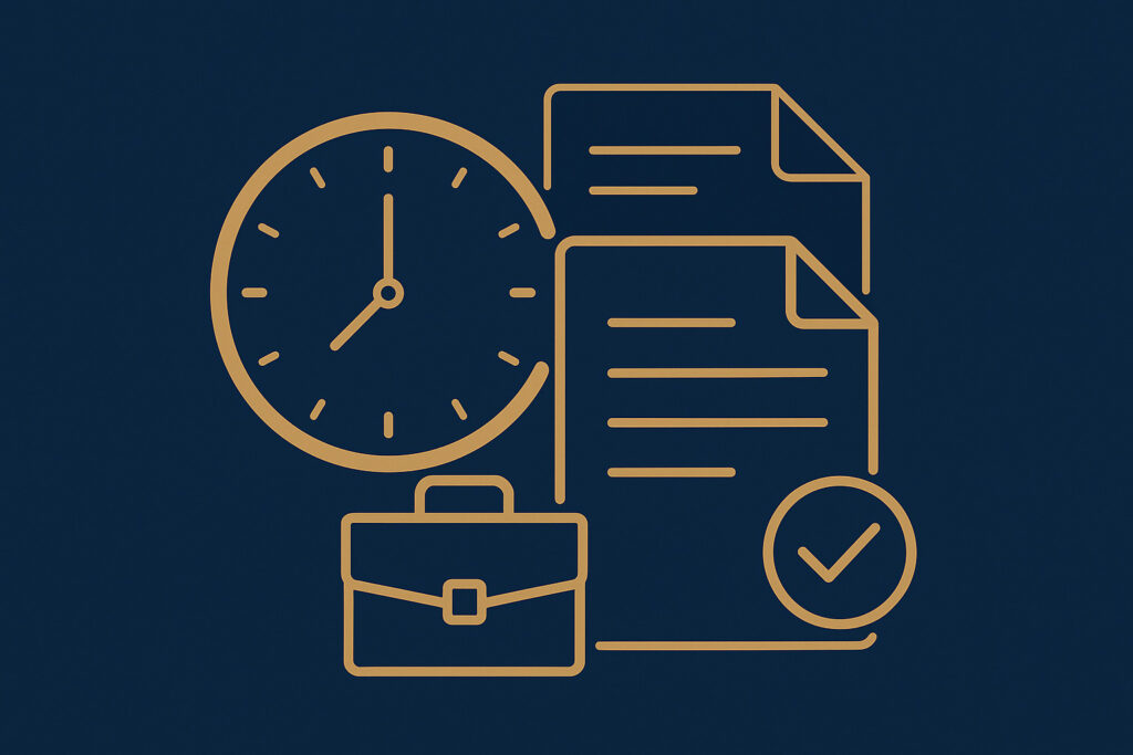  Ilustração de relógio e documentos dourados representando cálculo e registro de horas extras trabalhistas.