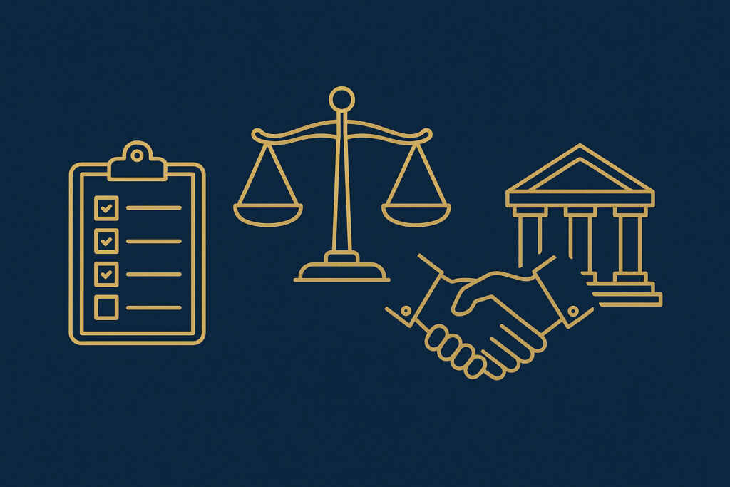 Ilustração mostrando etapas práticas para defesa de direitos trabalhistas, com ícones de checklist, justiça, aperto de mãos e tribunal em dourado sobre fundo azul escuro