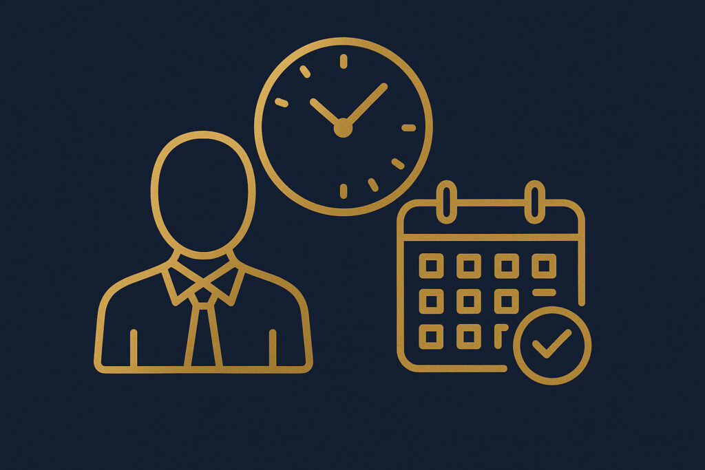 Ícones dourados representando trabalhador, relógio e calendário, simbolizando prazos para cobrar horas extras não pagas.