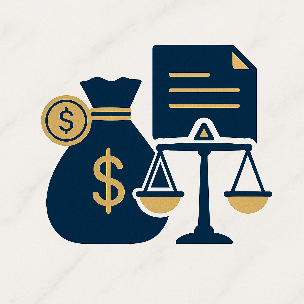 Ilustração de símbolos jurídicos e financeiros representando o custo para contratar um advogado trabalhista em Mossoró.