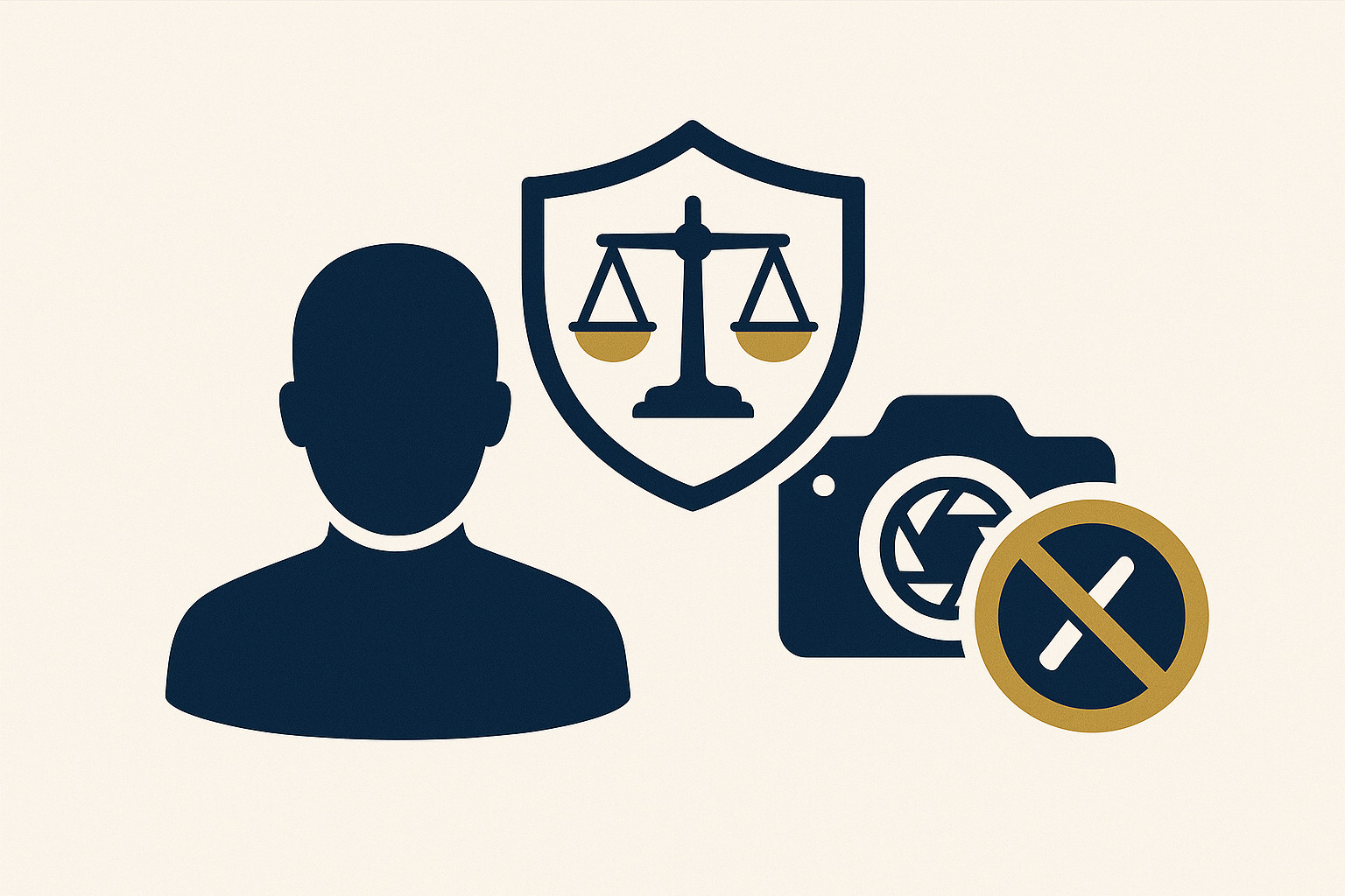 “Uso indevido de imagem: silhueta com escudo e balança e câmera bloqueada, conceito de proteção jurídica.”