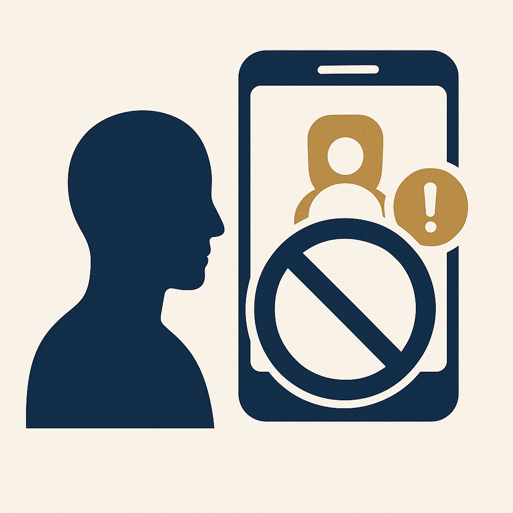 “Uso indevido de imagem nas redes: pessoa olhando smartphone com símbolo de bloqueio e alerta de perfil não autorizado.”