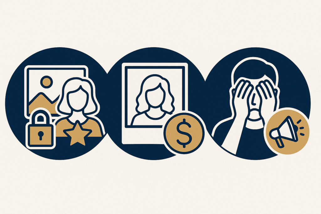 Uso indevido de imagem: três ícones — privacidade bloqueada, exploração comercial e difamação com megafone.”