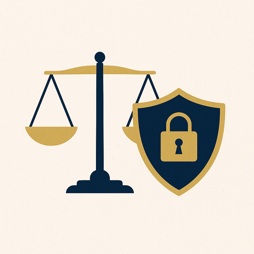 Ilustração minimalista com balança da justiça e escudo com cadeado, representando a proteção legal contra vazamento de conteúdo íntimo.