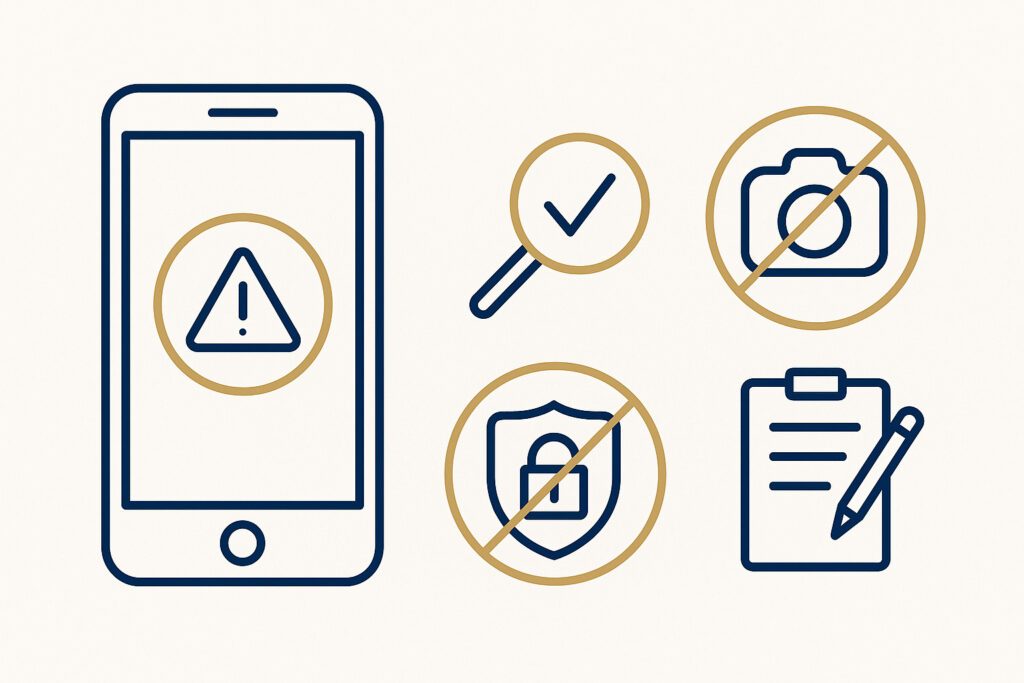 Ilustração minimalista com ícones de celular, alerta, lupa e notificação, representando passos práticos ao ter conteúdo íntimo vazado
