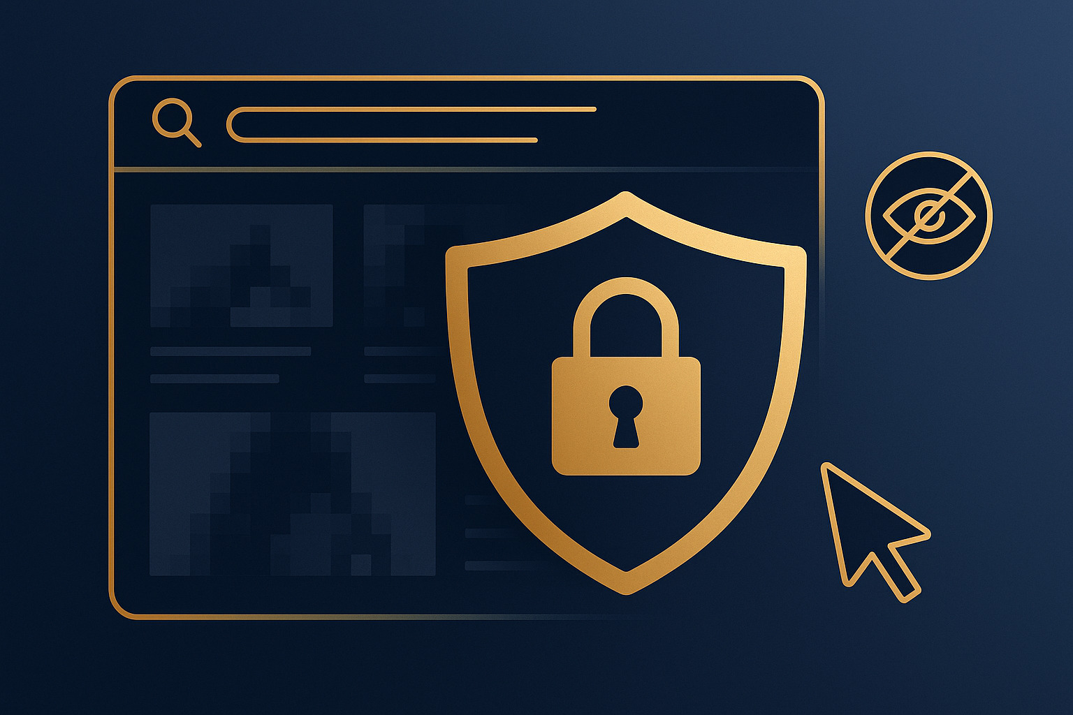 Capa do guia para remover conteúdo sexual da internet, com escudo dourado protegendo resultados de busca em azul escuro