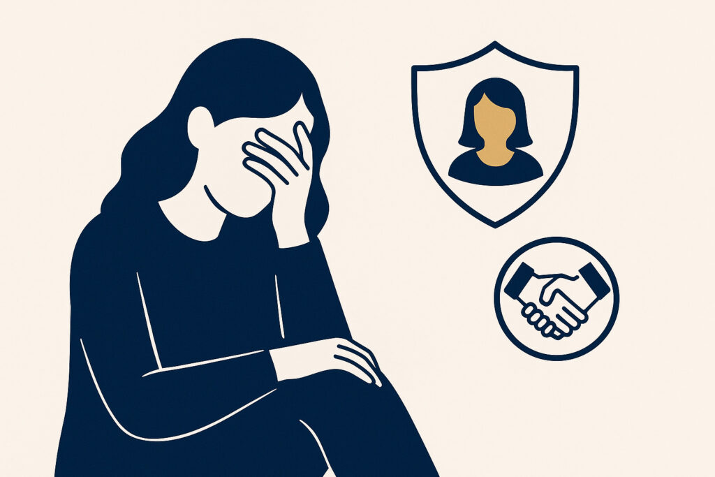 Ilustração minimalista de mulher envergonhada cobrindo o rosto, com ícones de proteção e apoio, representando a importância de não enfrentar sozinha o vazamento de conteúdo íntimo.