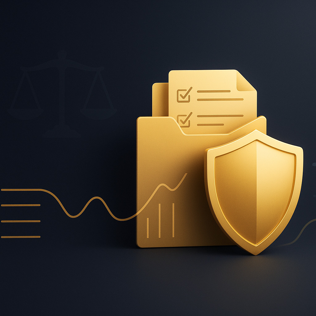 Escudo dourado, pasta com checklist e gráfico em fundo azul-marinho; gestão de crise com Advogado Para Recuperação Judicial.