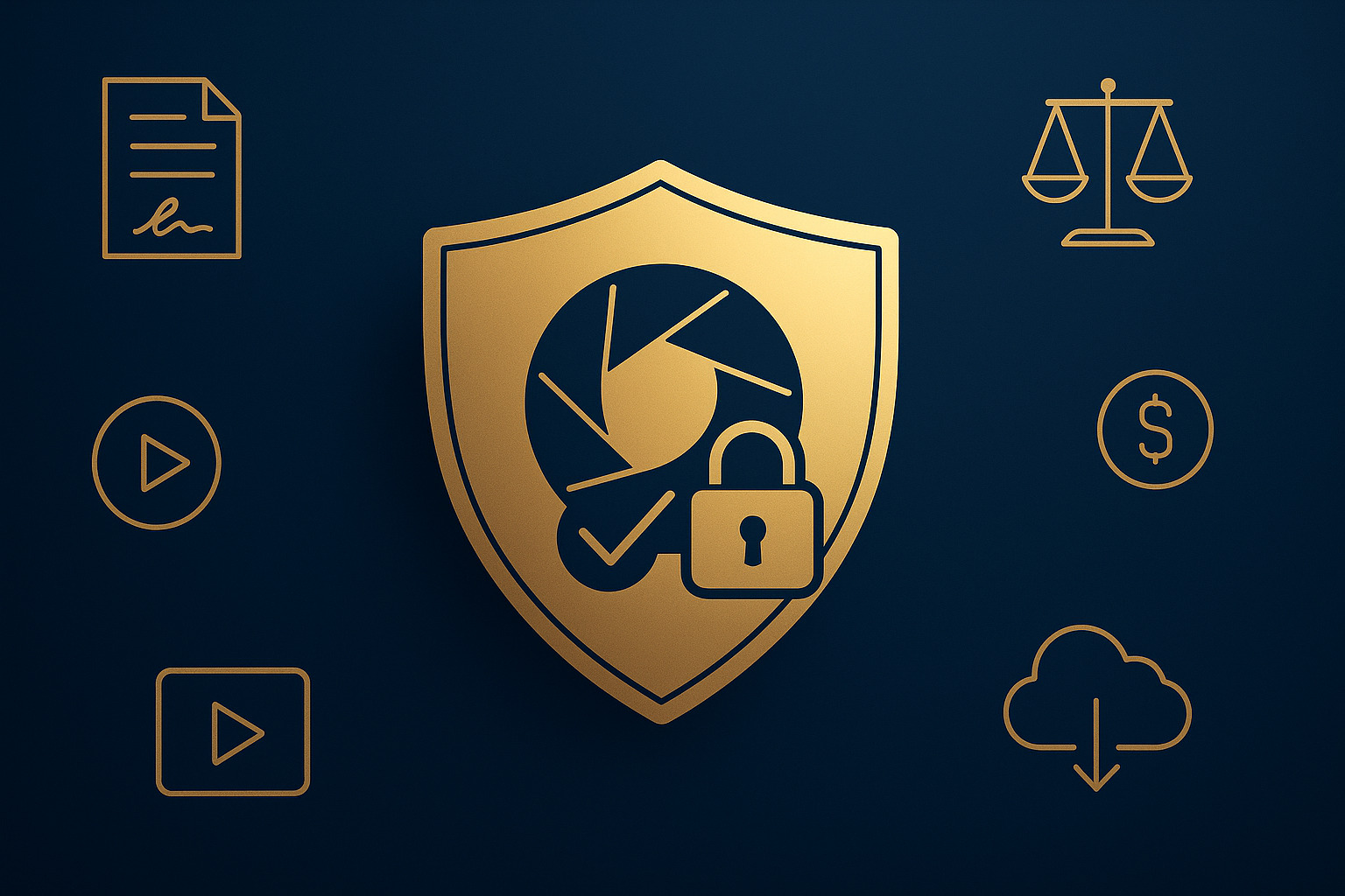 Capa do artigo Advogado Para Produtoras de Conteúdo com escudo dourado protegendo câmera, contrato e balança da justiça em fundo azul escuro