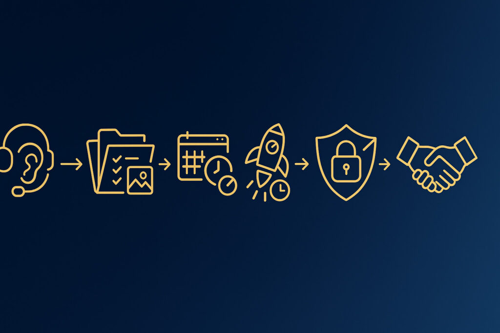 Fluxo visual de contratação de Advogado Para Remover Conteúdo da Internet: escuta, organização de documentos, prazos, primeira semana, blindagem e parceria, em ícones dourados sobre fundo azul escuro