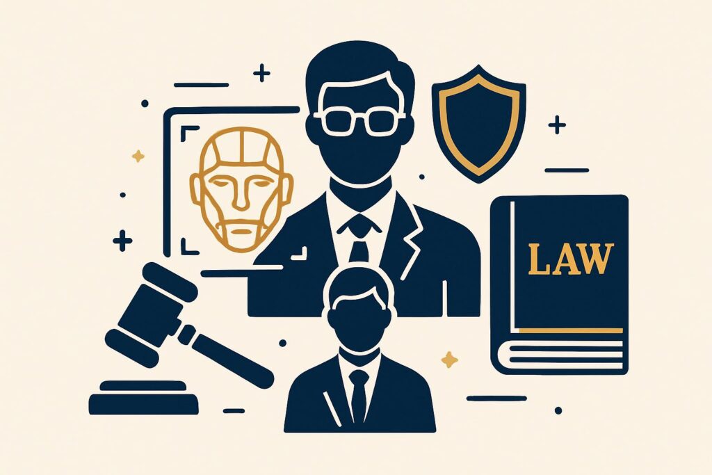 Ilustração sobre deepfake, mostrando elementos que representam a proteção legal e a atuação de um advogado, como um martelo de juiz, um livro de leis e um escudo, em estilo luxuoso e profissional com cores azul escuro e dourado.
