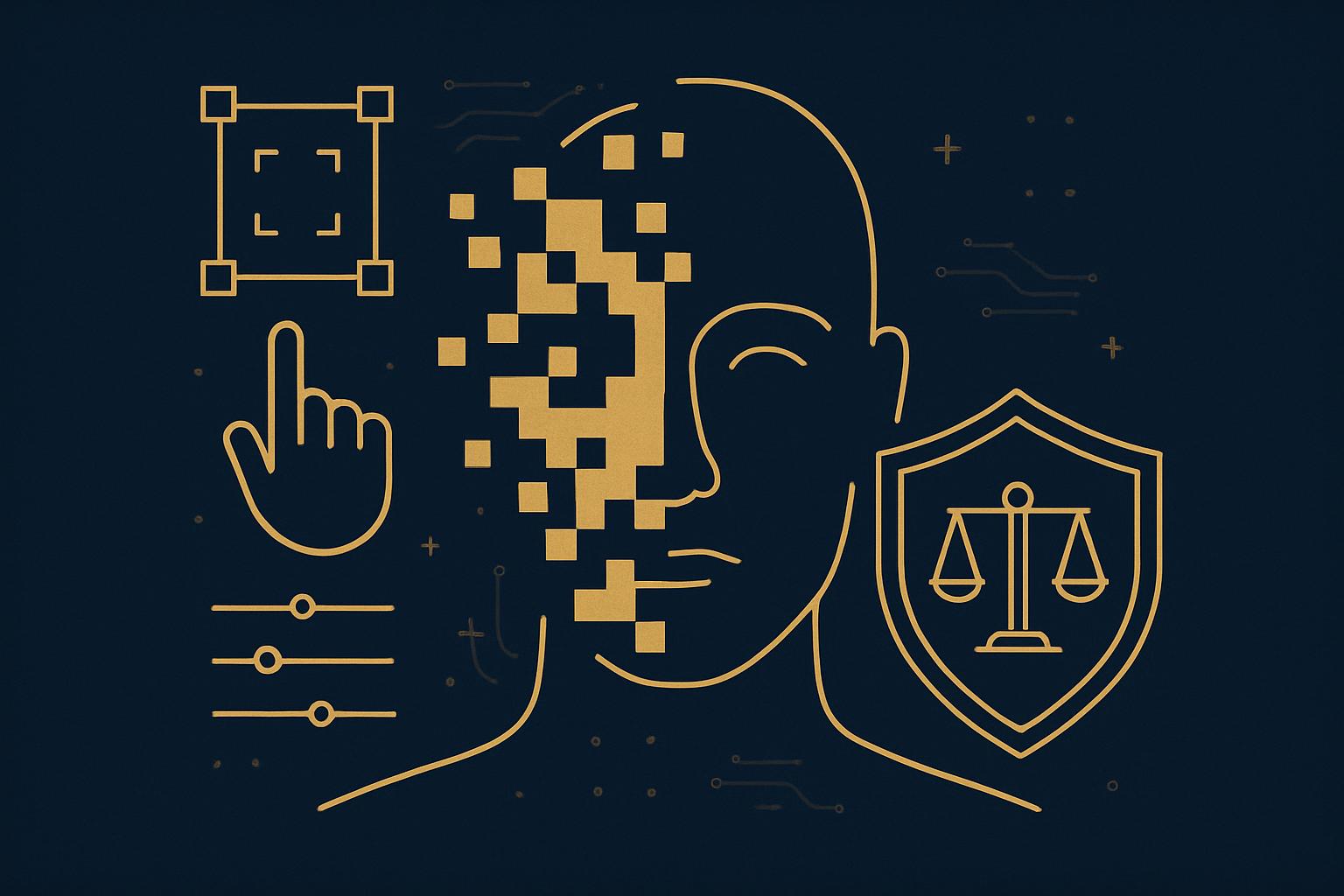 Imagem de capa para blog sobre deepfake, com elementos visuais que representam manipulação digital e proteção legal, em estilo luxuoso e profissional com cores azul escuro e dourado.