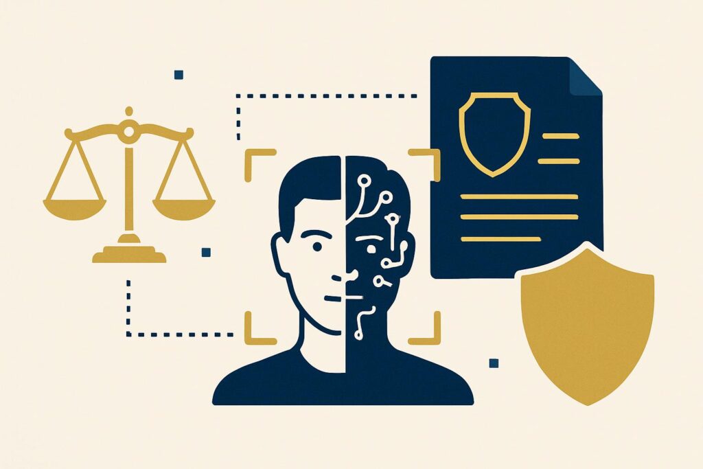 Ilustração sobre deepfake, mostrando elementos de justiça e proteção legal, como uma balança e um escudo, em estilo luxuoso e profissional com cores azul escuro e dourado.
