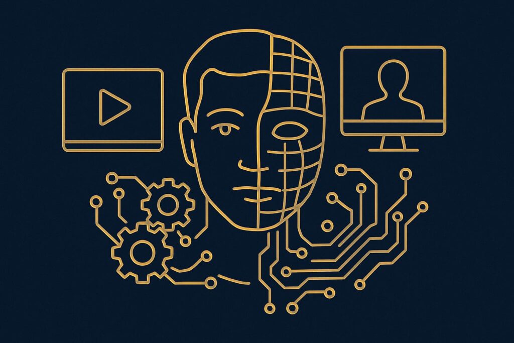 Ilustração sobre deepfake, mostrando um rosto com parte pixelizada e elementos tecnológicos, representando a manipulação digital e seus perigos, em estilo luxuoso e profissional com cores azul escuro e dourado.