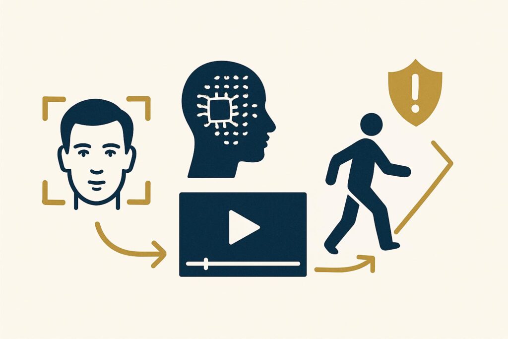 Ilustração sobre deepfake, mostrando um caminho ou sequência de ações para vítimas, com elementos de reconhecimento facial, vídeo e proteção, em estilo luxuoso e profissional com cores azul escuro e dourado.