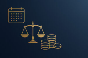 Empresa não pagou minha rescisão: ilustração de calendário, balança da justiça e moedas em azul escuro e dourado, com espaço negativo à direita.